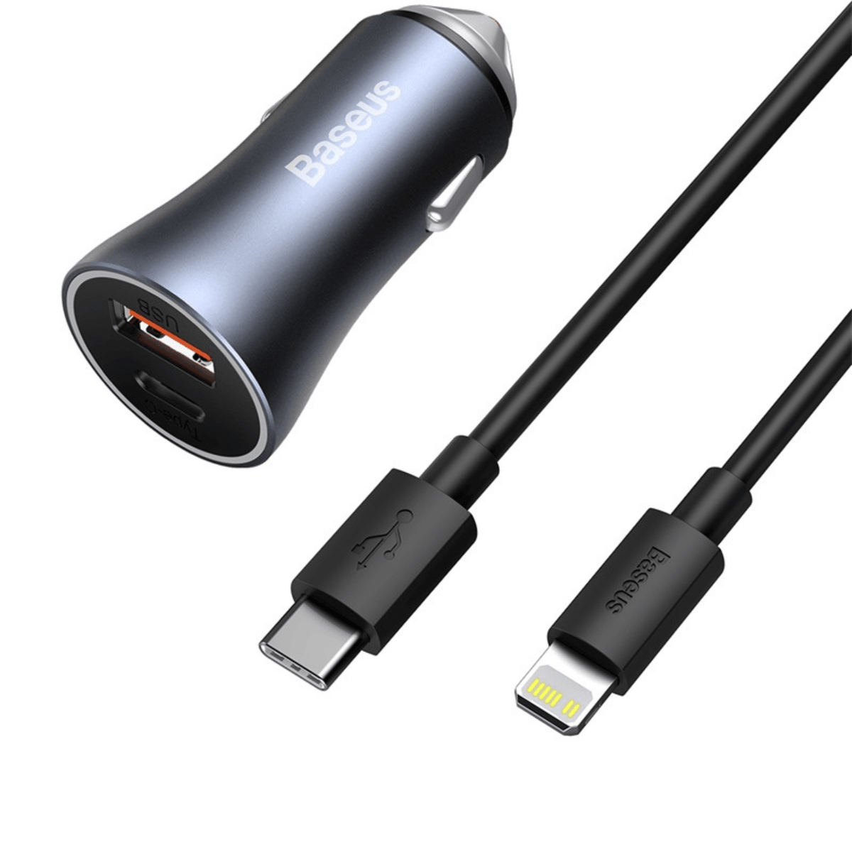 Cargador Rápido para Auto Baseus Dual USB + USB - C - Incluye Cable Lightning 1M - 40W - Gris - Bestmart