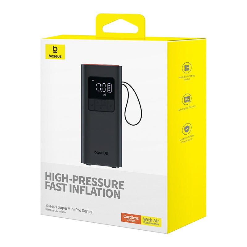 Inflador Inalámbrico Baseus para Autos Motos Bicicletas con Pantalla Digital - SuperMini Pro - Negro - Bestmart