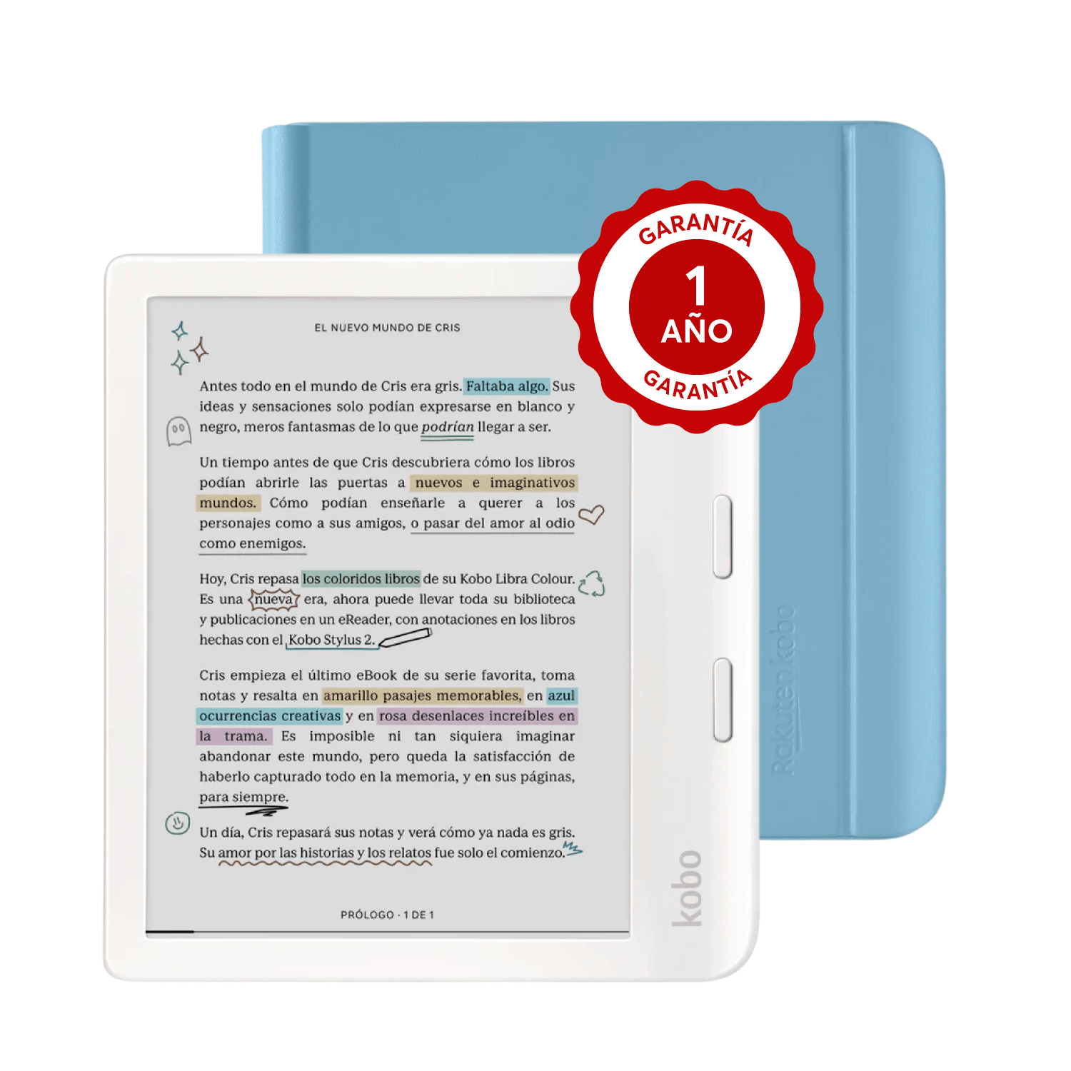 Lector e reader Kobo Libra Colour Blanco con Funda Notebook Azul - Bestmart