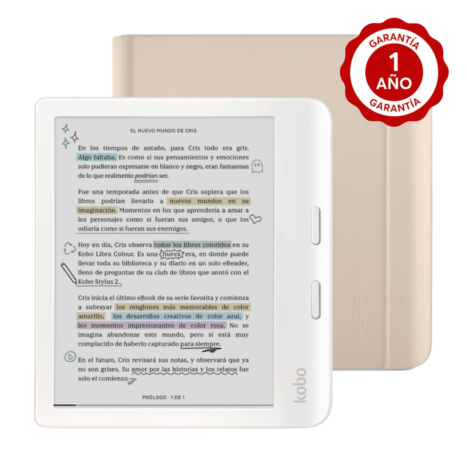 Lector e Reader Kobo Libra Colour Blanco con Funda Notebook Beige - Bestmart