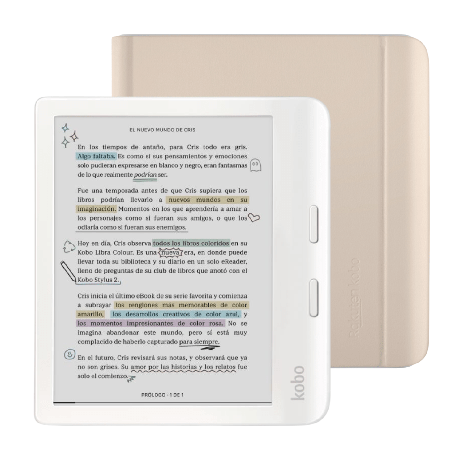 Lector e Reader Kobo Libra Colour Blanco con Funda Notebook Beige - Bestmart