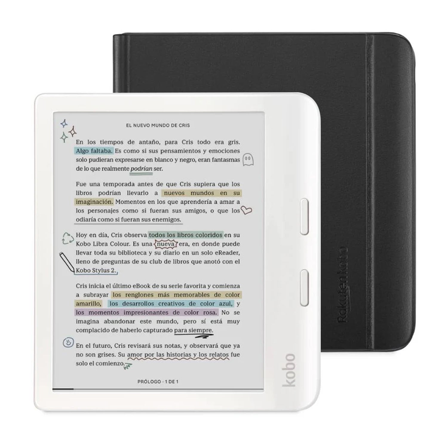 Lector e Reader Kobo Libra Colour Blanco con Funda Notebook SleepCover Negro - Bestmart