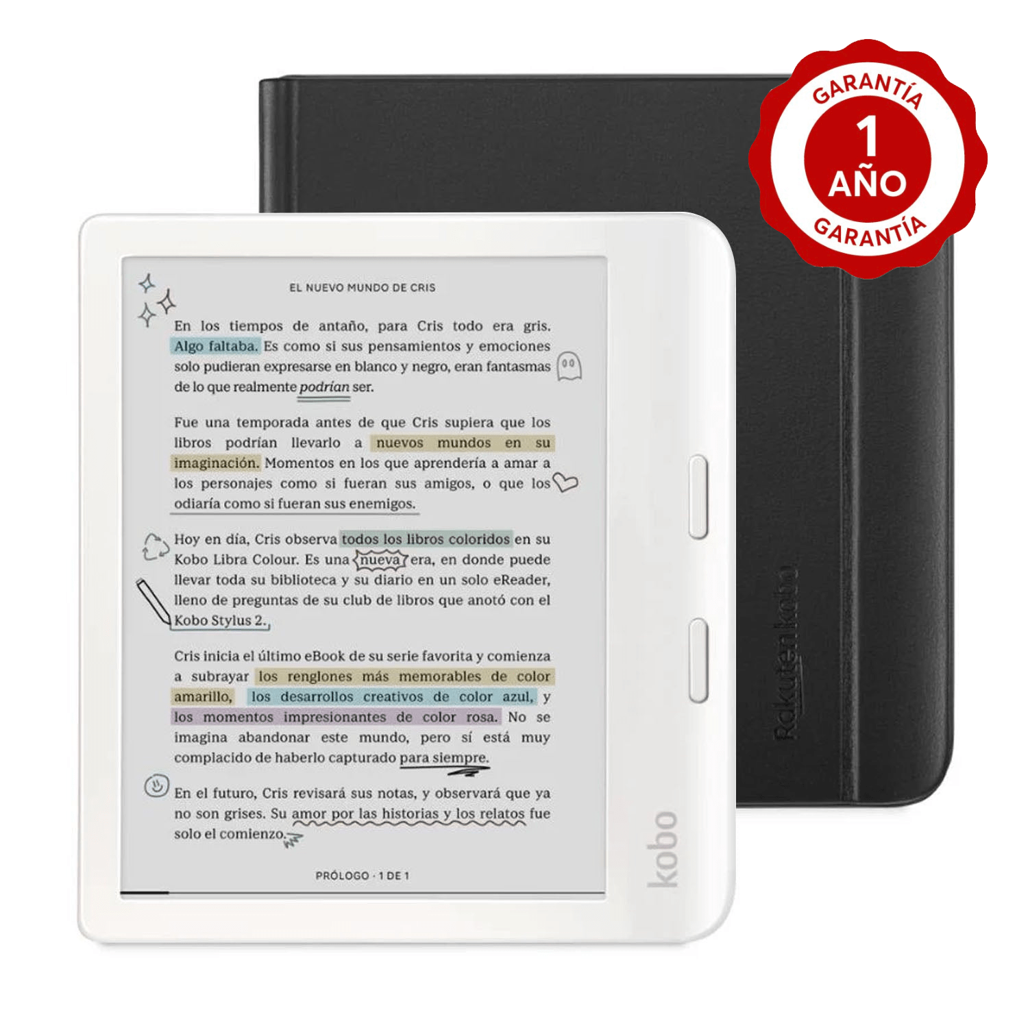 Lector e Reader Kobo Libra Colour Blanco con Funda Notebook SleepCover Negro - Bestmart