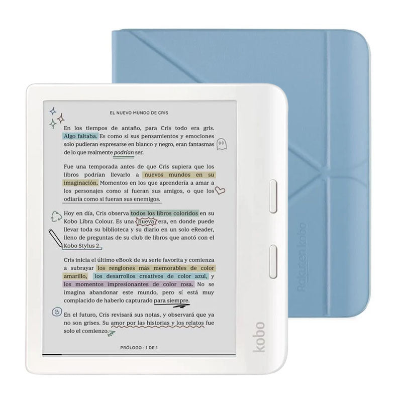 Lector e reader Kobo Libra Colour Blanco con Funda SleepCover Azul - Bestmart
