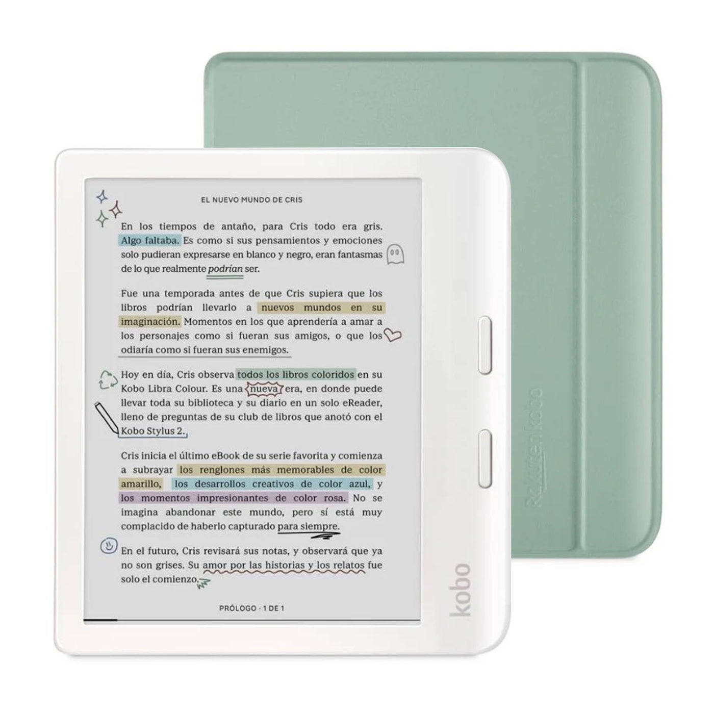 Lector e reader Kobo Libra Colour Blanco con Funda Sleepcover Verde