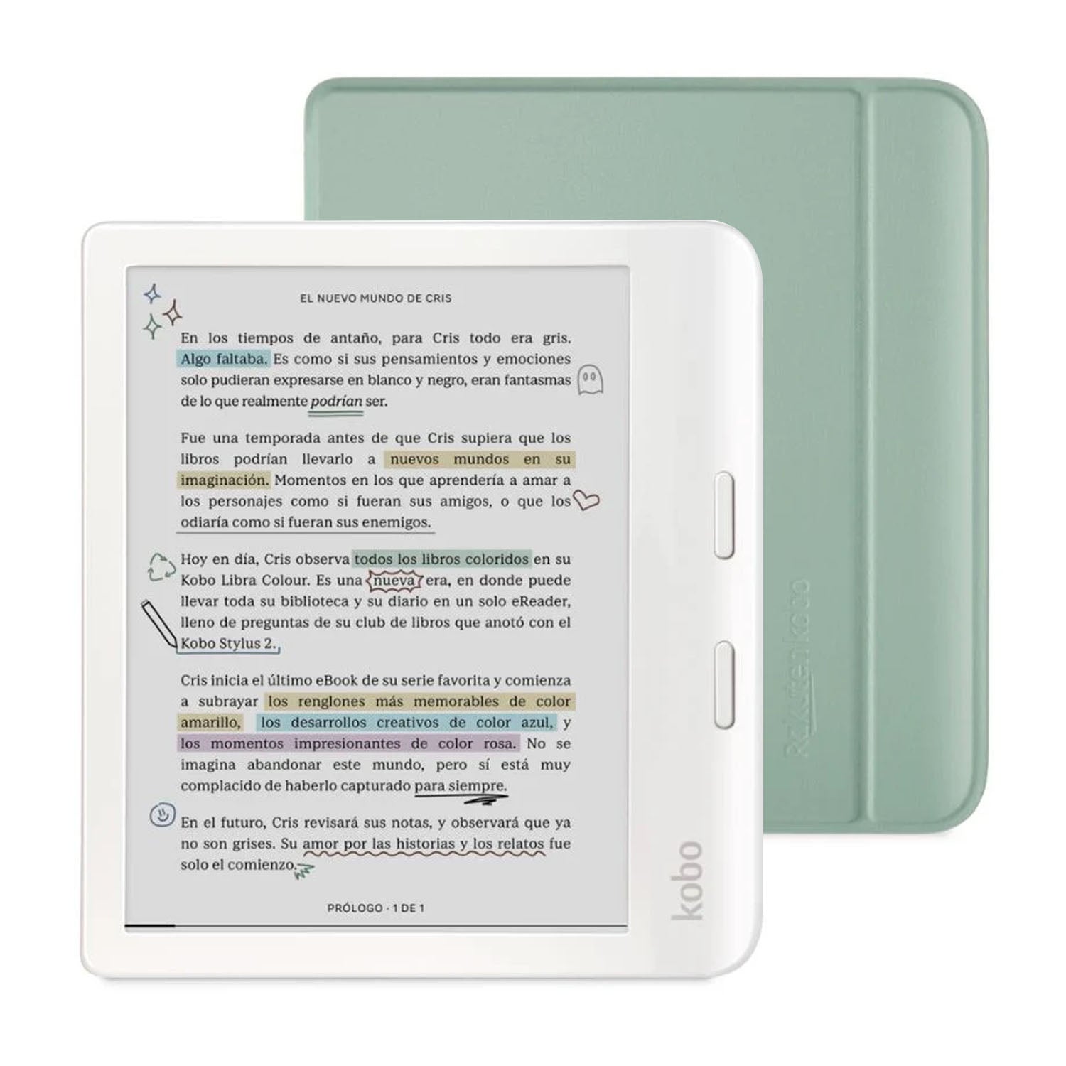 Lector e reader Kobo Libra Colour Blanco con Funda Sleepcover Verde - Bestmart