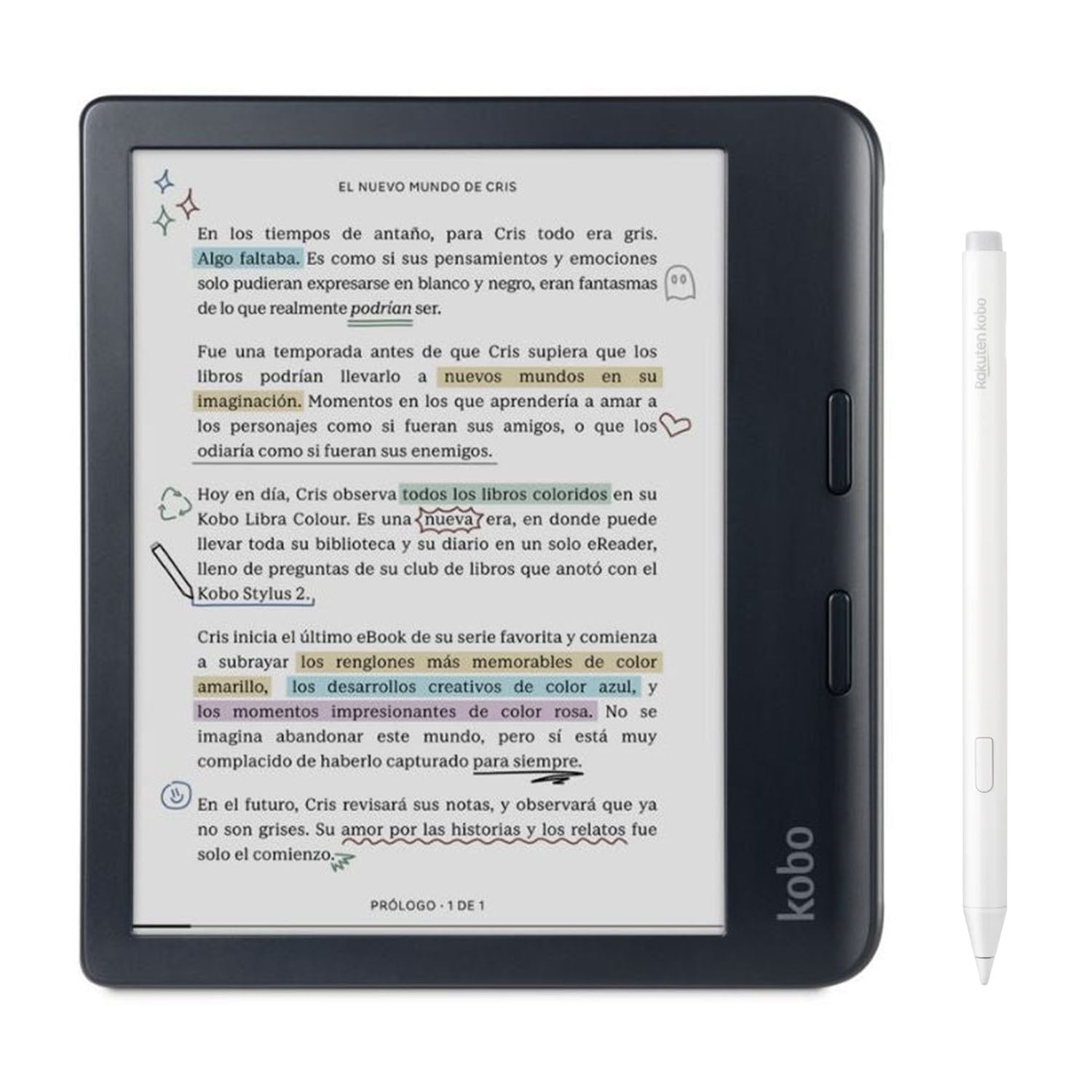 Lector e reader Kobo Libra Colour HD 7" 32GB Negro con Lápiz Stylus 2 Blanco - Bestmart