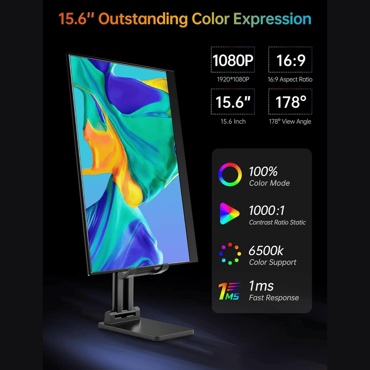 Monitor Portátil Vilva 15,6" FHD 1080P IPS con USB - C, HDMI, cubierta y altavoces Negro - Bestmart