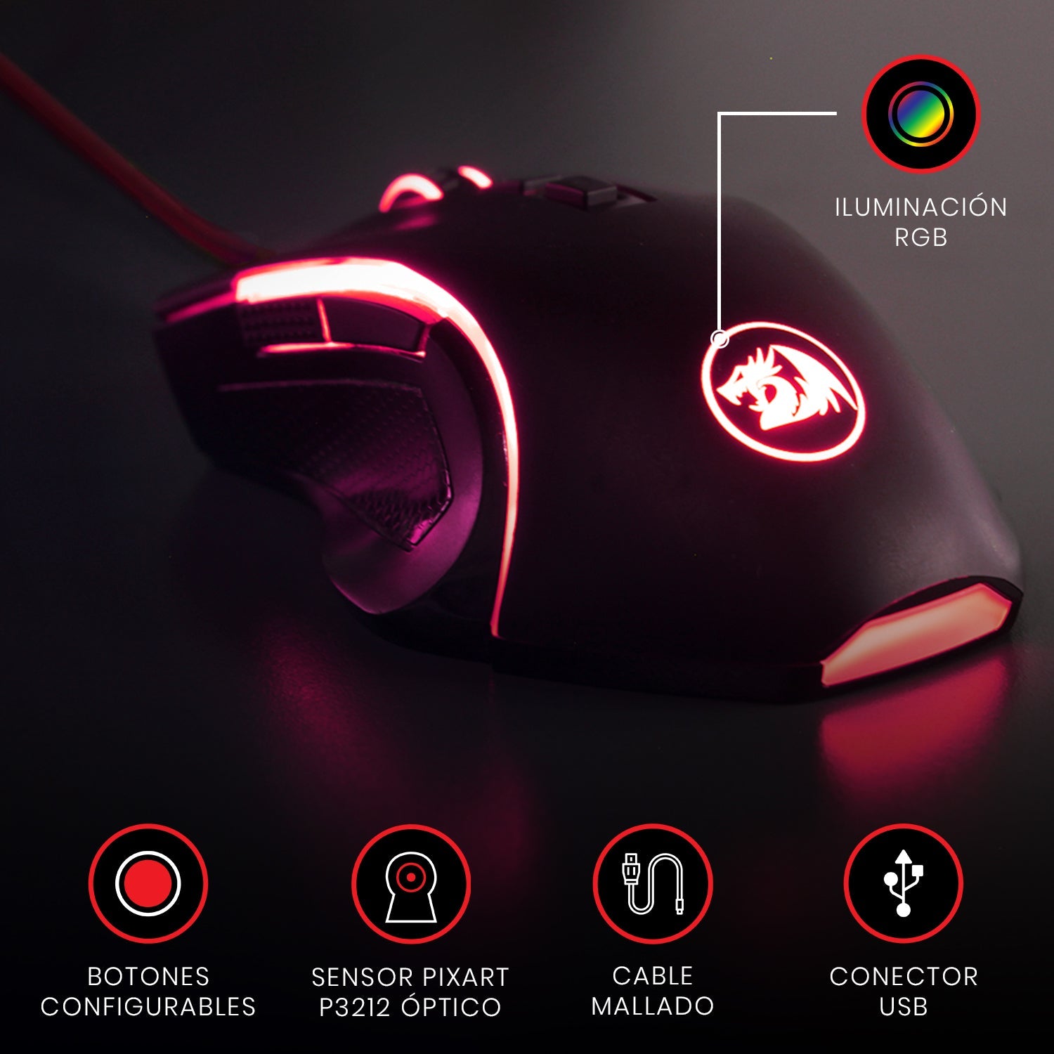 Mouse Gamer Redragon Griffin M607 Cableado Pixart PWM3212 7200 DPI - RGB - Negro - Bestmart