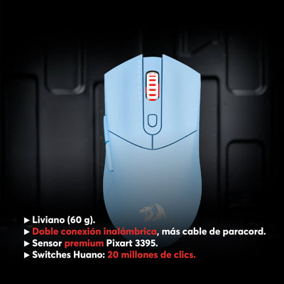 Mouse Gamer Redragon St4r Pro Inalámbrico Tri - Mode Pixart PAW3395 26000 DPI - RGB - Celeste - Bestmart
