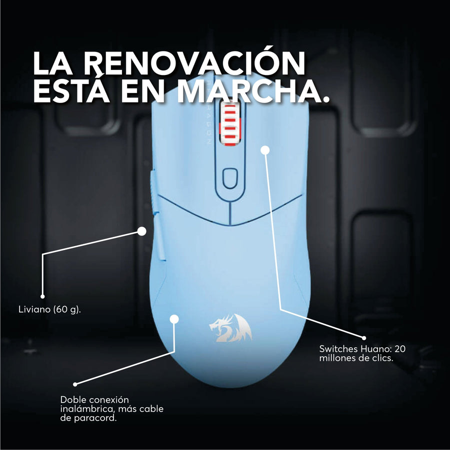 Mouse Gamer Redragon St4r Pro Inalámbrico Tri-Mode Pixart PAW3395 26000 DPI  - RGB - Celeste