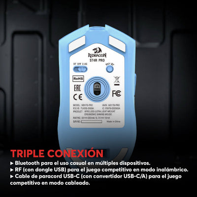 Mouse Gamer Redragon St4r Pro Inalámbrico Tri - Mode Pixart PAW3395 26000 DPI - RGB - Celeste - Bestmart