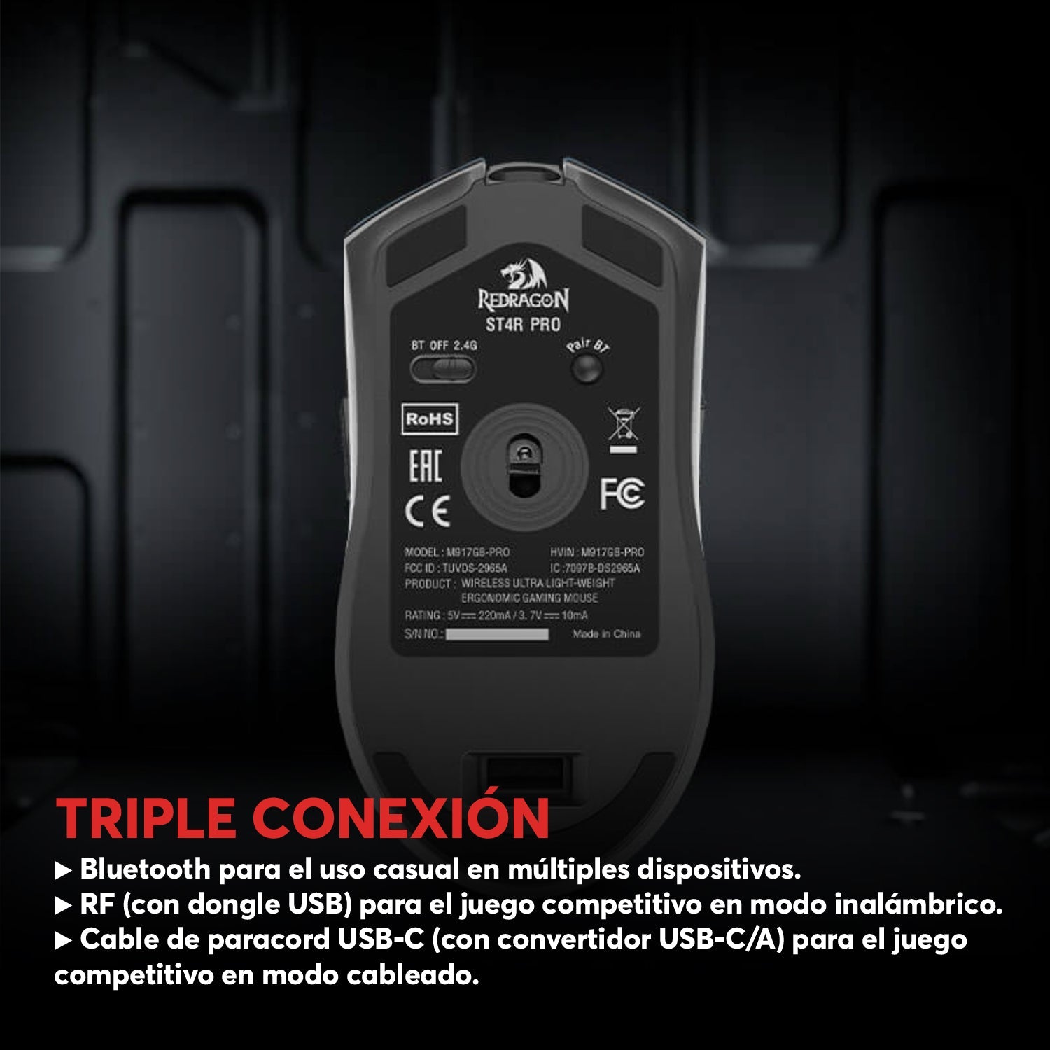 Mouse Gamer Redragon St4r Pro Inalámbrico Tri - Mode Pixart PAW3395 26000 DPI - RGB - Gris - Bestmart