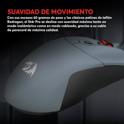 Mouse Gamer Redragon St4r Pro Inalámbrico Tri - Mode Pixart PAW3395 26000 DPI - RGB - Gris - Bestmart
