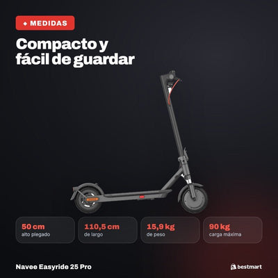 Navee Scooter Eléctrico Easyride 25 Pro Plegable Autonomía 25km Máx 25km/h Neumáticos 8.5" 480W Suspensión Delantera EABS Negro - Bestmart