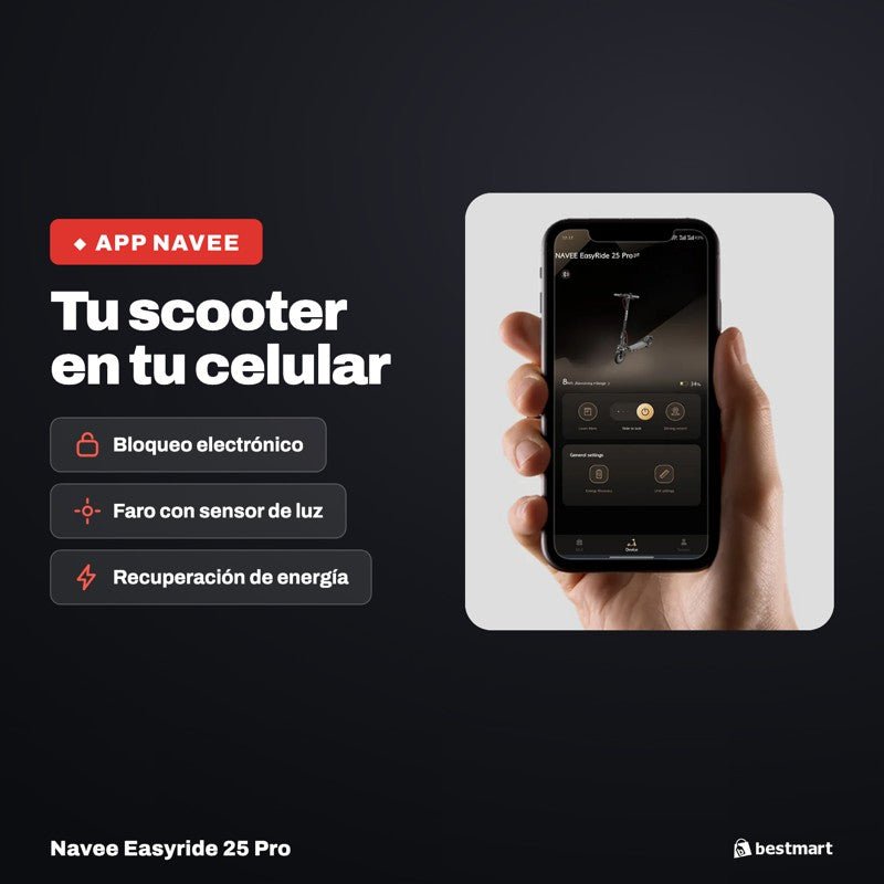 Navee Scooter Eléctrico Easyride 25 Pro Plegable Autonomía 25km Máx 25km/h Neumáticos 8.5" 480W Suspensión Delantera EABS Negro - Bestmart