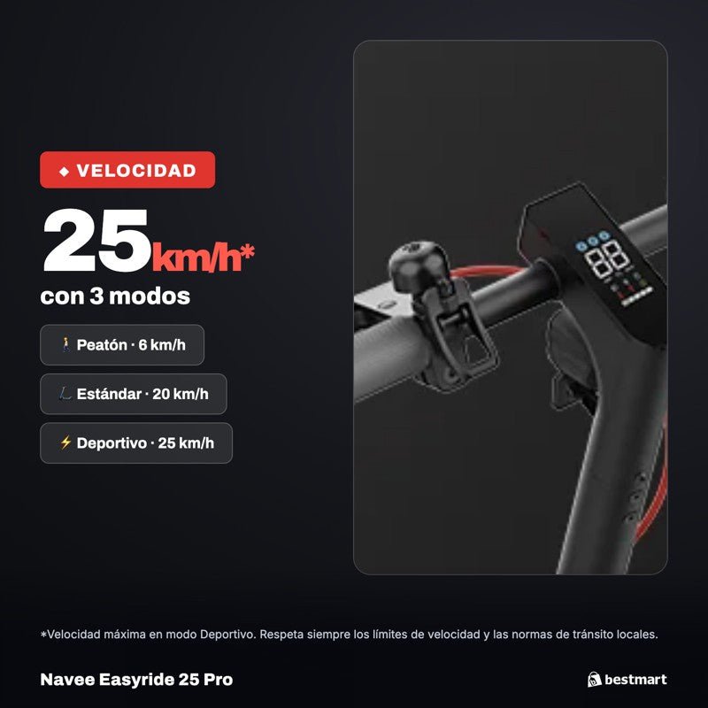 Navee Scooter Eléctrico Easyride 25 Pro Plegable Autonomía 25km Máx 25km/h Neumáticos 8.5" 480W Suspensión Delantera EABS Negro - Bestmart