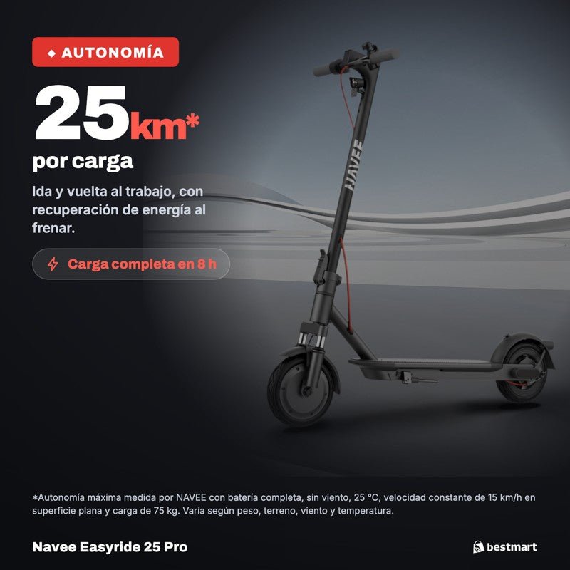 Navee Scooter Eléctrico Easyride 25 Pro Plegable Autonomía 25km Máx 25km/h Neumáticos 8.5" 480W Suspensión Delantera EABS Negro - Bestmart