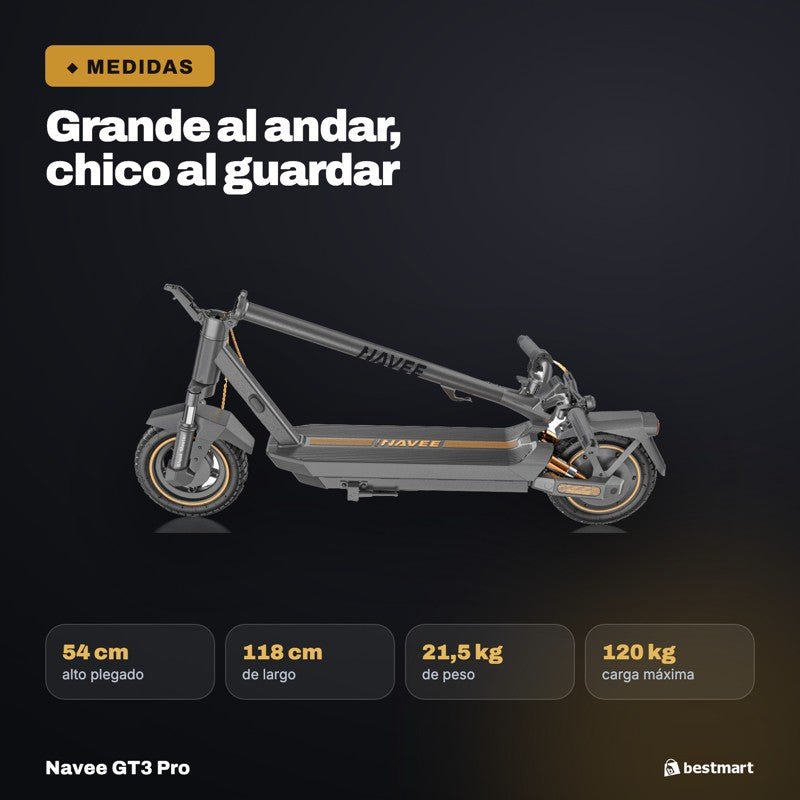 Navee Scooter Eléctrico GT3 Pro Plegable Autonomía 60km Máx 32km/h Neumáticos 10" 1000W Suspensión Cuádruple TCS Negro - Bestmart