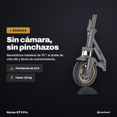 Navee Scooter Eléctrico GT3 Pro Plegable Autonomía 60km Máx 32km/h Neumáticos 10" 1000W Suspensión Cuádruple TCS Negro - Bestmart