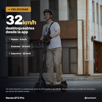 Navee Scooter Eléctrico GT3 Pro Plegable Autonomía 60km Máx 32km/h Neumáticos 10" 1000W Suspensión Cuádruple TCS Negro - Bestmart