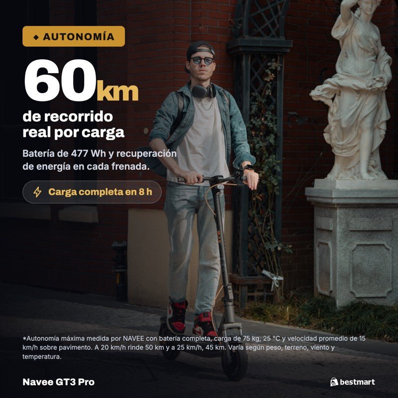 Navee Scooter Eléctrico GT3 Pro Plegable Autonomía 60km Máx 32km/h Neumáticos 10" 1000W Suspensión Cuádruple TCS Negro - Bestmart