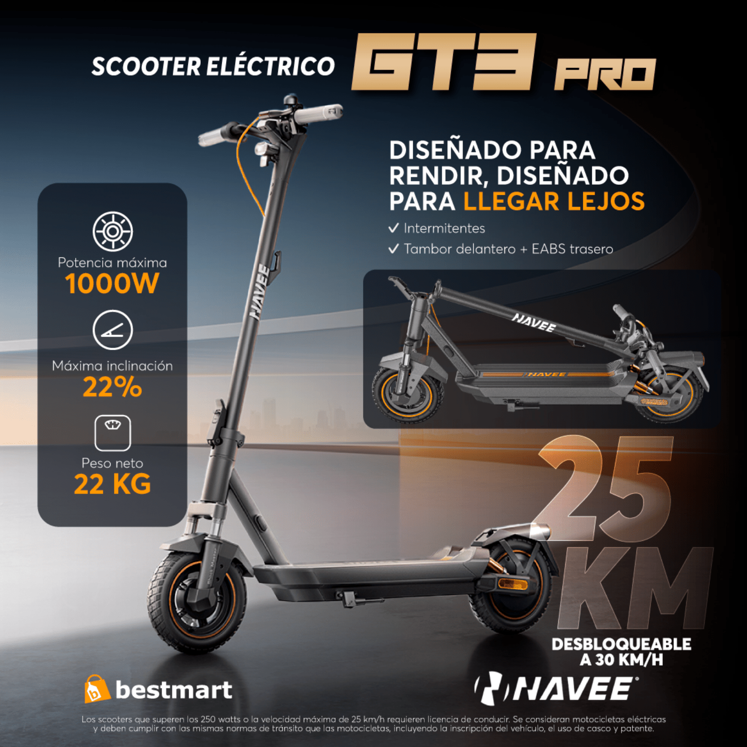 Navee Scooter Eléctrico GT3 Pro Plegable Autonomía 60km Máx 32km/h Neumáticos 10" 1000W Suspensión Cuádruple TCS Negro Open Box - Bestmart