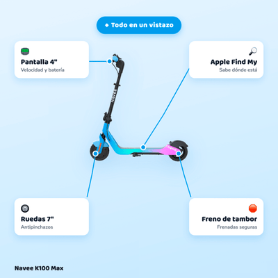 Navee Scooter Eléctrico Infantil K100 Max Plegable Autonomía 24km Máx 16km/h 260W Luces RGB Parlante Bluetooth Control Parental 6-14 Años Azul - Bestmart