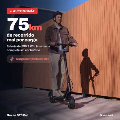 Navee Scooter Eléctrico ST3 Pro Plegable Autonomía 75km Máx 40km/h Neumáticos 10" 1350W Suspensión Doble TCS Negro - Bestmart