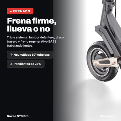 Navee Scooter Eléctrico ST3 Pro Plegable Autonomía 75km Máx 40km/h Neumáticos 10" 1350W Suspensión Doble TCS Negro - Bestmart