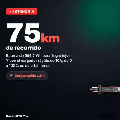 Navee Scooter Eléctrico XT5 Pro Todoterreno Plegable Autonomía 75km Máx 50km/h Neumáticos 12" 2200W Triple Freno Suspensión Doble IPX6 Negro - Bestmart