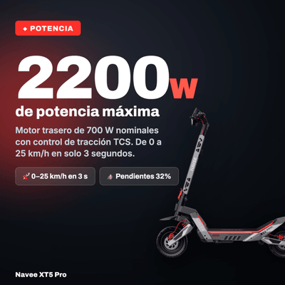 Navee Scooter Eléctrico XT5 Pro Todoterreno Plegable Autonomía 75km Máx 50km/h Neumáticos 12" 2200W Triple Freno Suspensión Doble IPX6 Negro - Bestmart