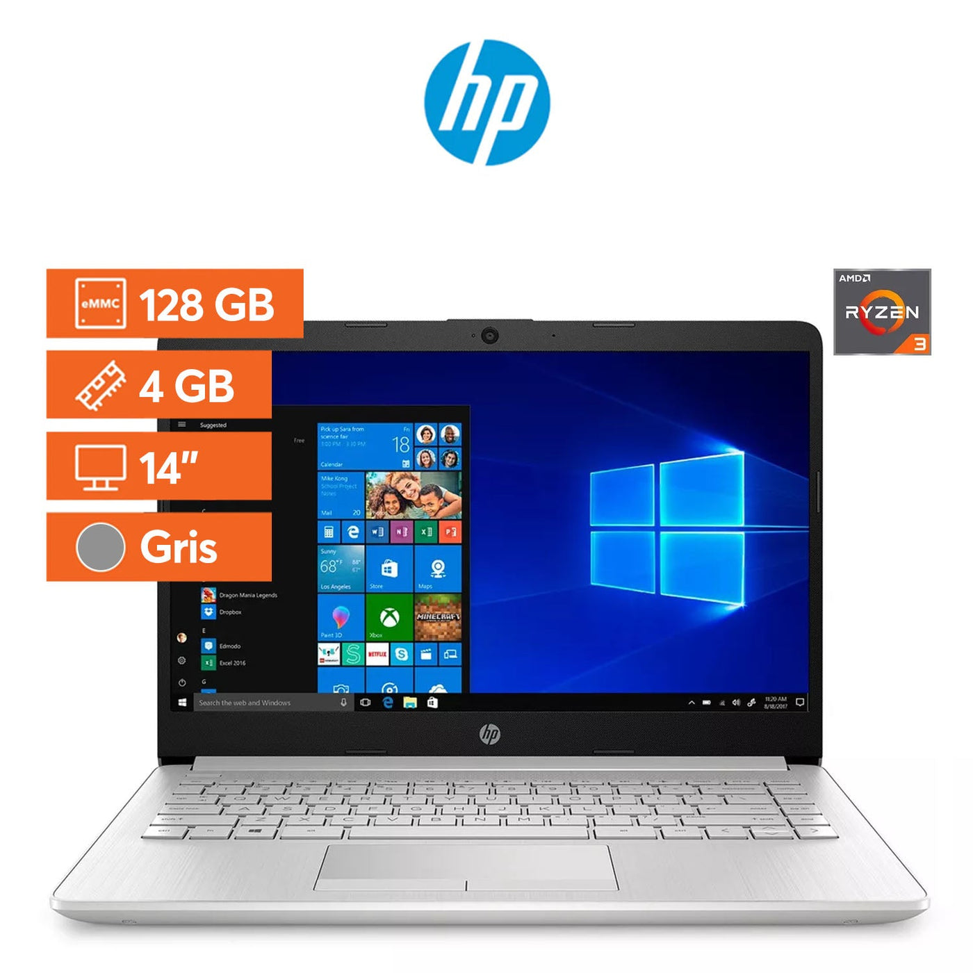 Notebook HP AMD RYZEN 3 4GB 128GB SSD W10 14"