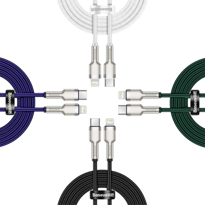 Pack de 4 Cables de Carga Rápida Metálicos Baseus Tipo - C a Lightning - 20W - Serie Cafule Premium (Blanco, Negro, Púrpura, Verde) - Bestmart