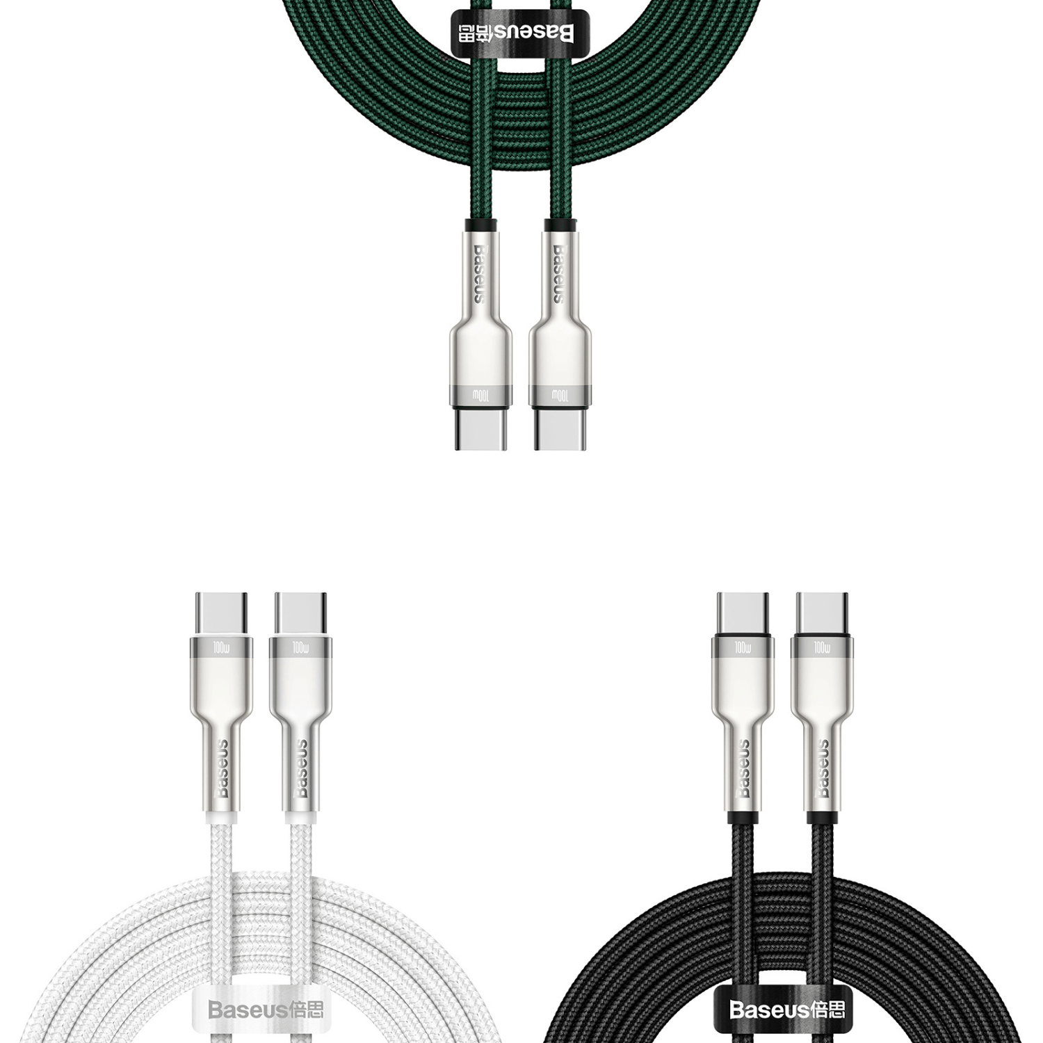 Pack de Cables Baseus Tipo - C a Tipo - C 100W - 2 Metros - Serie Cafule Premium - Blanco, Negro y Verde - Bestmart