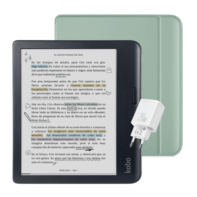 Pack E Reader Kobo Libra Colour HD 7" - Negro + Funda Basic SleepCover Verde + Cargador Baseus Dual - Blanco - Bestmart