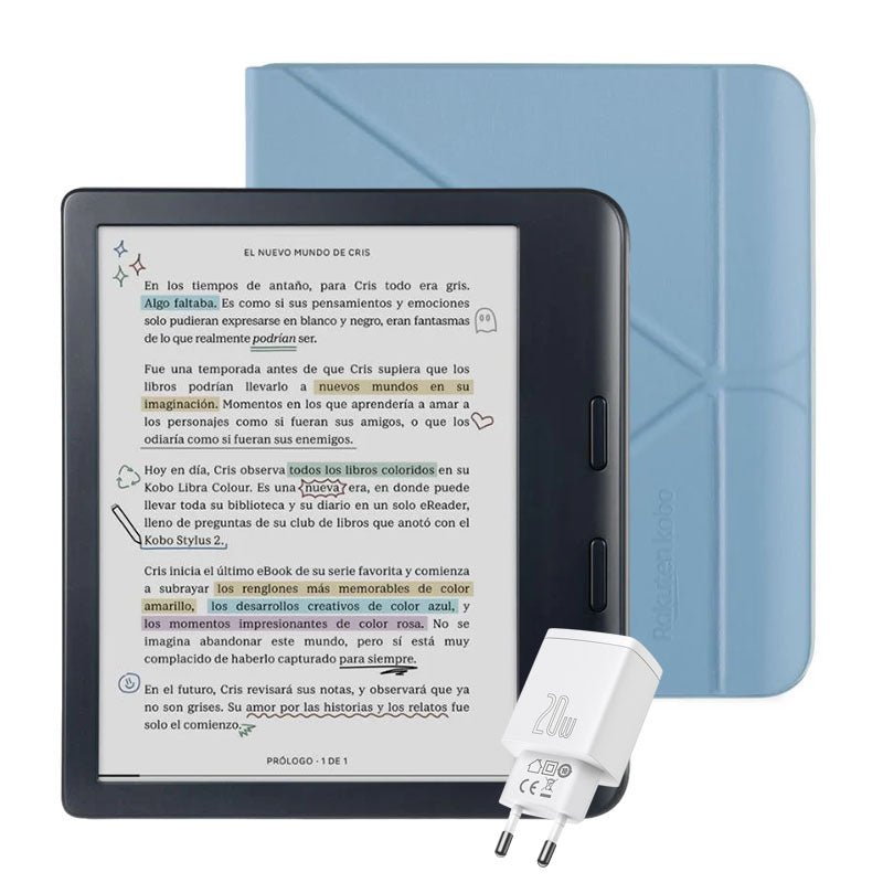 Pack E Reader Kobo Libra Colour HD 7" - Negro + Funda SleepCover Azul + Cargador Rápido Baseus Dual - Blanco - Bestmart