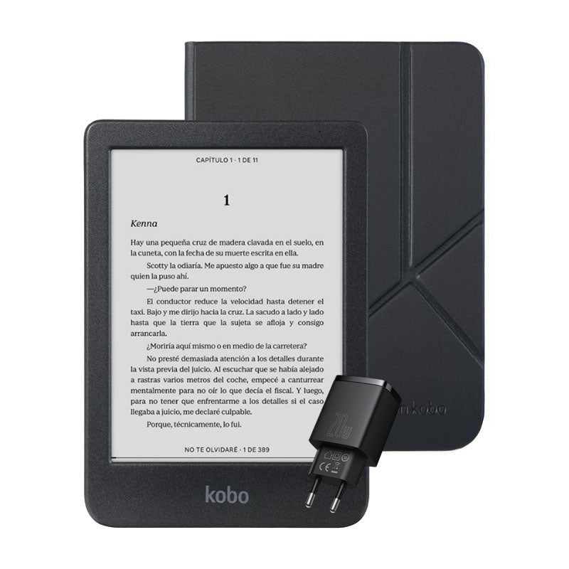 Pack Kobo Clara BW HD 6" - Negro + Funda Basic SleepCover - Negro + Cargador Rápido Baseus Dual - Negro - Bestmart