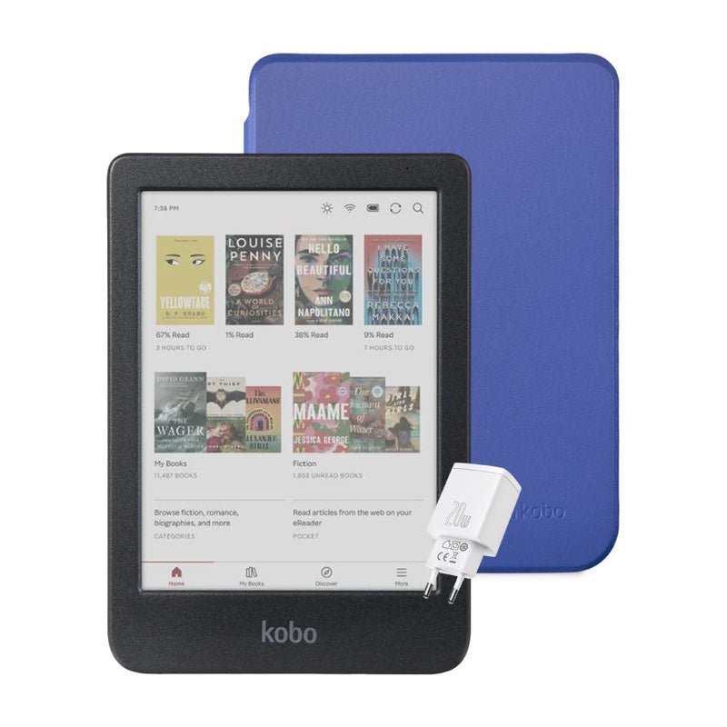 Pack Kobo Clara Colour HD 6" - Negro + Funda Basic SleepCover - Azul + Cargador Baseus Dual - Bestmart