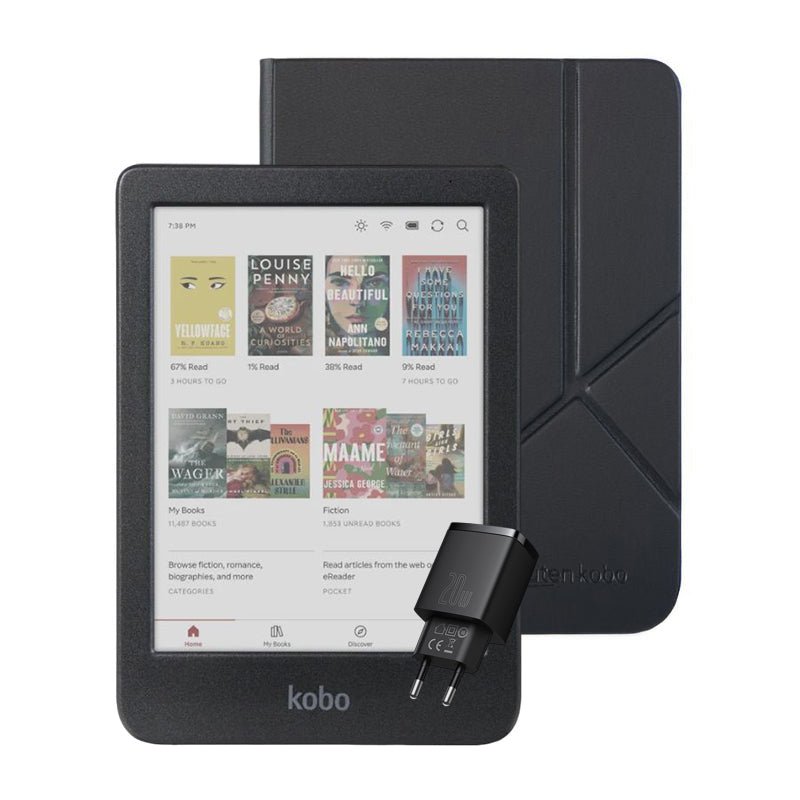 Pack Kobo Clara Colour HD 6" - Negro + Funda Basic SleepCover - Negro + Cargador Rápido Baseus Dual - Negro - Bestmart
