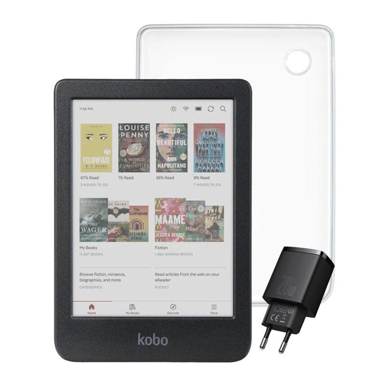 Pack Kobo Clara Colour HD 6" - Negro + Funda Transparente + Cargador Rápido Baseus Dual - Negro - Bestmart