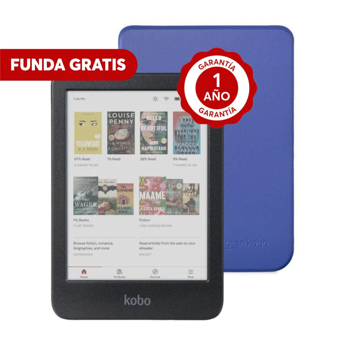 Pack Lector e reader Kobo Clara Colour Negro con Funda Basic SleepCover Azul