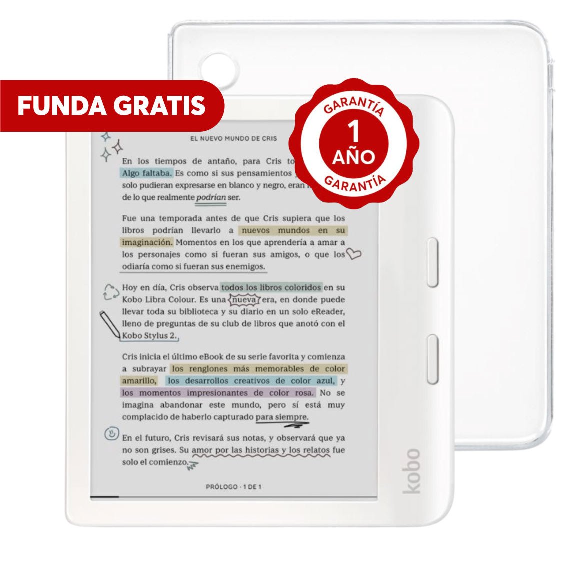 Pack Lector e reader Kobo Libra Colour Blanco con Funda Clear Case Transparente