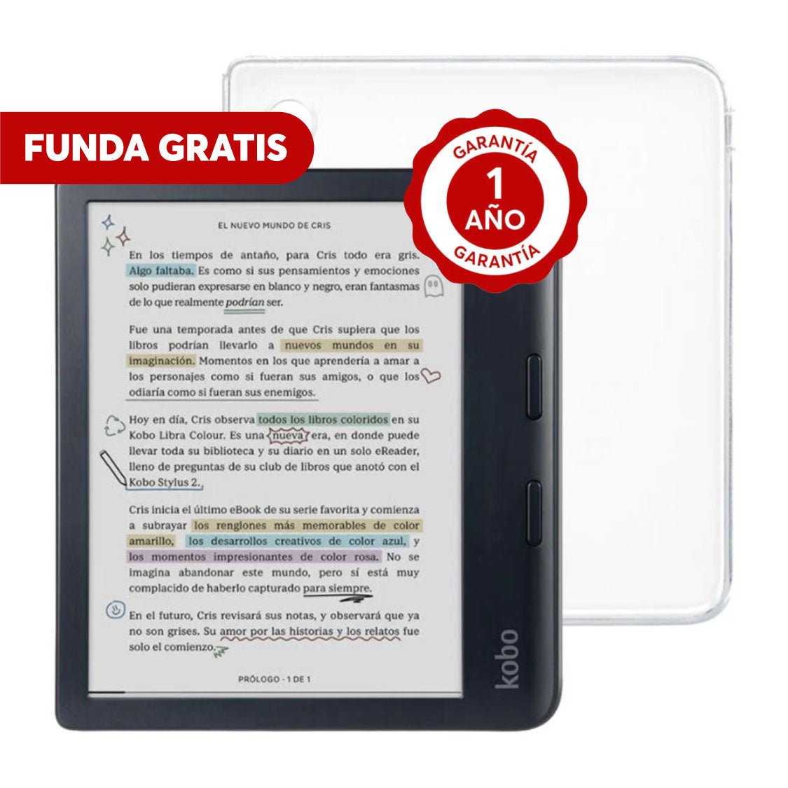 Pack Lector e reader Kobo Libra Colour Negro con Funda Clear Case Transparente - Bestmart