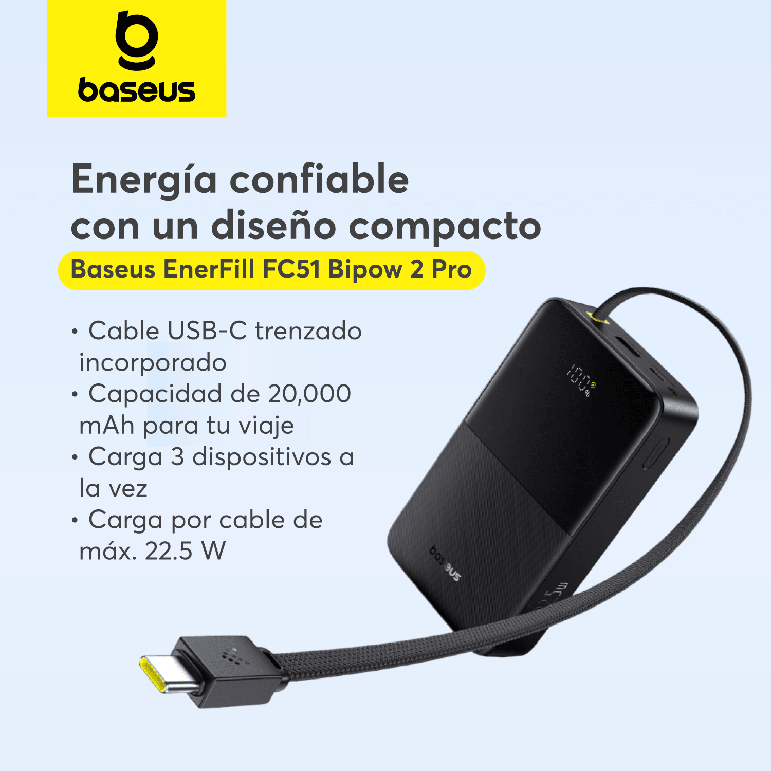 Power Bank Baseus EnerFill Bipow2 Pro 20000mAh USB - C Cable 22.5W Negro - Bestmart