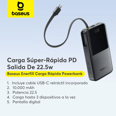 Power Bank Baseus EnerFill FC51 Bipow2 Pro con Pantalla Digital y Cable Integrado 10000 mAh 22.5W Negro - Bestmart