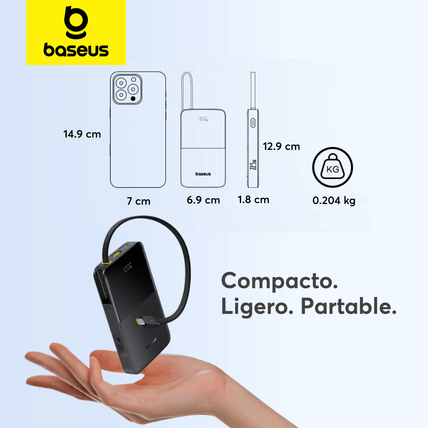 Power Bank Baseus EnerFill FC51 Bipow2 Pro con Pantalla Digital y Cable Integrado 10000 mAh 22.5W Negro - Bestmart