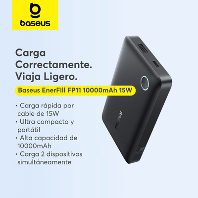 Power Bank Baseus EnerFill FP11 10000 mAh 15W con Cable USB - C a USB - C Negro - Bestmart