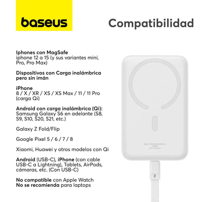 Power Bank Baseus Magnético Mini Carga Rápida Inalámbrica 30W 10000mAh Edición Tipo C Blanco - Bestmart