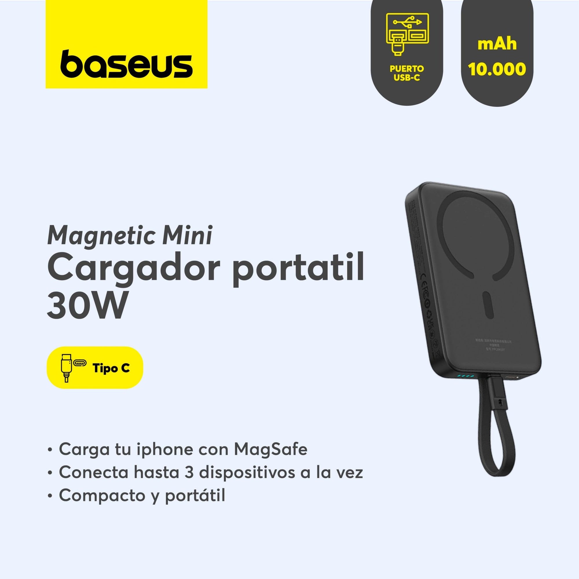 Power Bank Baseus Magnético Mini Carga Rápida Inalámbrica 30W 10000mAh Edición Tipo C Negro - Bestmart